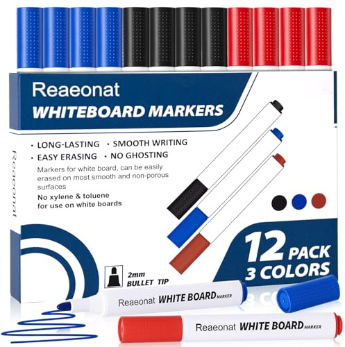 Reaeonat Whiteboard Pens, 12pcs Whiteboard Markers 3 Assorted Colours Black Blue Red Dry Erase Pens for Office, Home, Bullet Tip Dry Wipe Pens