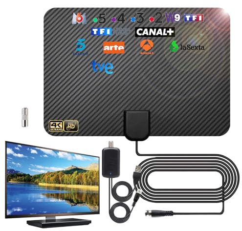 Antenna TV Interna, 36DBI 200 km Antenna DVB-T DVB-T2 con Amplificatore Segnale Support TV Digitale 4K 1080P UHF VHF FM