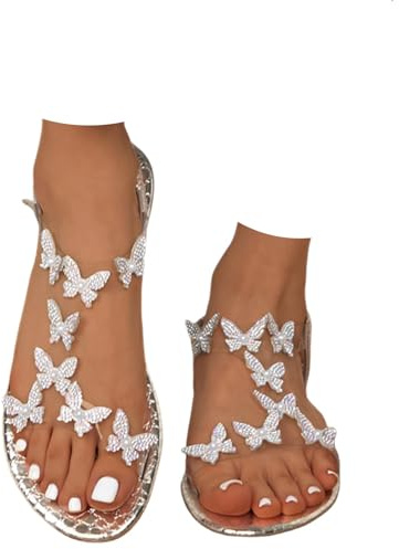 Butterfly Rhinestone Flat Sandals for Women Sparkly Bling Flats Ankle Strap Summer Beach Wedding Party Dress Sandals