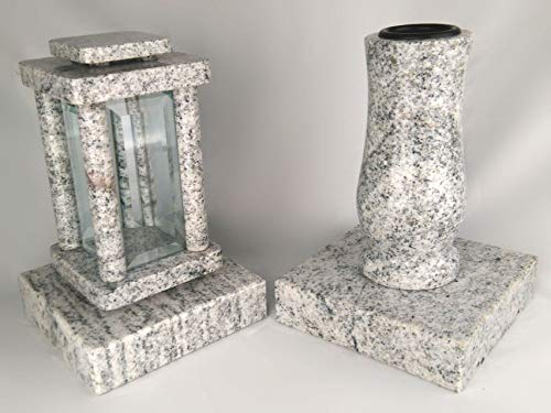 designgrab Farol de cementerio moderno con jarrón y 2 unidades de base de granito viscont blanco, juego de decoración para tumbas