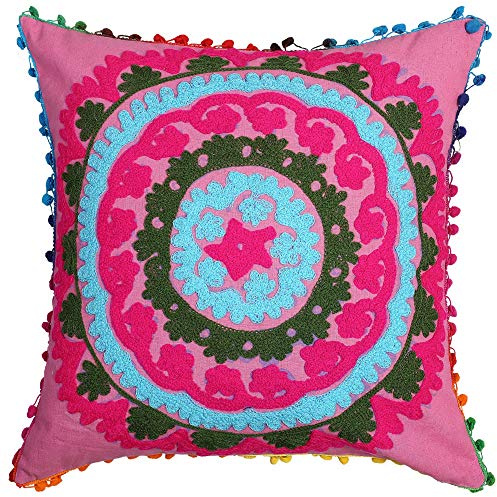 Stylo Culture Bohemio Fundas Almohadones Decorativa 43x43 cm Algodón Floral Fundas para Cojines Sofa Rosa 17x17 Inch Pompón Bordado Suzani Cuadrado Cremallera Fundas Almohadones para Sillas - 1 Pc