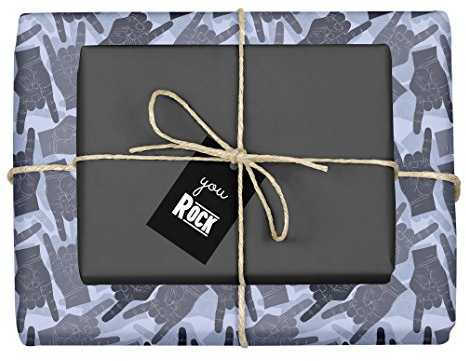 4 x carta da regalo: Rock n Roll, forchetta per patatine fritte, mano in metallo (bicolore nero/grigio/blu) con ciondolo (per fan di rock, musicisti, uomini, donne, umoristi, divertenti).