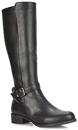 ESSEX GLAM Womens Knee High Boots Ladies Flat Low Heel Stretchy Elasticated Calf Everyday Casual Riding Biker Shoes Size 3-8