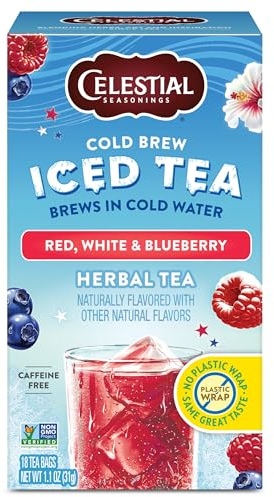 Cold Brew Iced Tea, Red, White & Blueberry, Caffeine Free, 18 Tea Bags, 1.1 oz (31 g), Celestial Seasonings