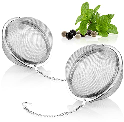 COM-FOUR® colino da tè 2x in acciaio inossidabile 304 - infusore per tè sfuso, erbe e spezie - filtro per tè a maglia fine con catena - colino per spezie (2 pezzi - 6,5 cm Ø)