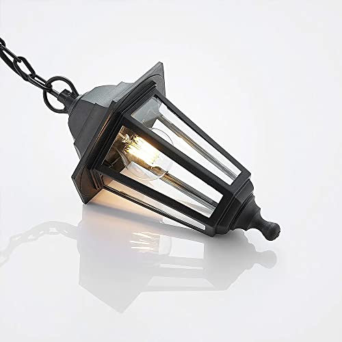 Manningham Lighting Black Vintage Traditional Outdoor Hanging Chain Lamp Lantern 6 Panel Made of PP Housing and Glass Black Socket LED E27 Bulb IP44
