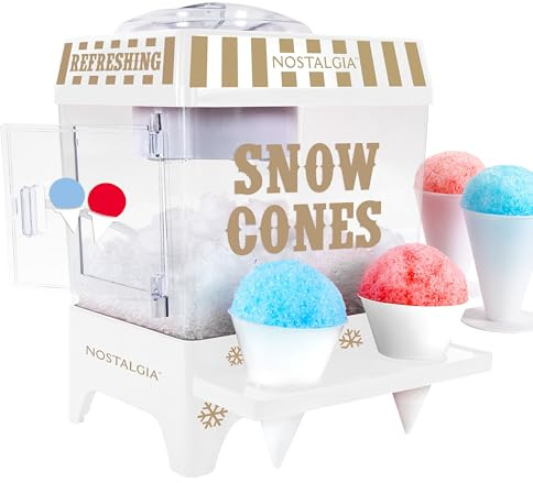 Nostalgia Snow Cone Shaved Ice Machine - Retro Table-Top Slushie Machine Makes 20 Icy Treats - Includes 2 Reusable Plastic Cups & Ice Scoop - White
