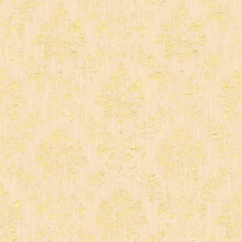 Barock tapet Profhome 306623-GU textiltapet strukturerad med ornament glänsande kräm guld 5,33 m2