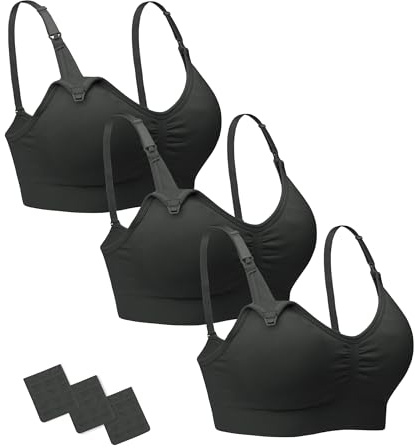 Stelle Nursing Bras Maternity Bra for Breastfeeding Pregnancy Wireless Bralette with Pads, Extenders (3 Black,L)
