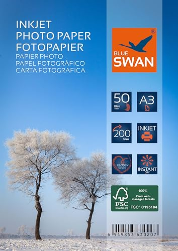 BLUE SWAN DIN A3 Fotopapier, 200g/m², 50 Blatt hochglänzend wasserfest, einseitig,für A3 Tintenstrahldrucker
