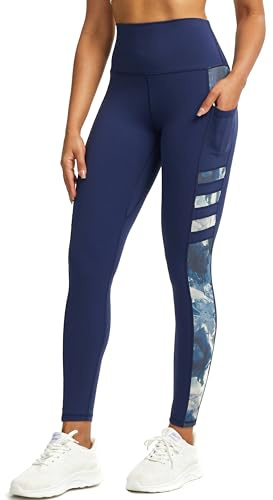 Tuspryt Legging de Sport pour Femme avec Poches - Opaque, Long, Yoga, Fitness, Course - 05 Bleu Foncé/Imprimé, M