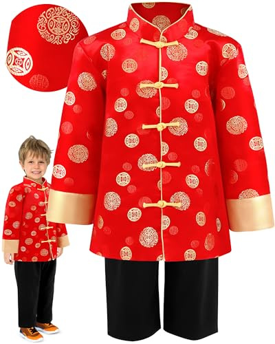 Shinymoon Boy Tang Suit Dragon Long Sleeve Shirt Chinese New Year Outfit Copper Coin Traditional Clothes Trousers for Kids(10 Yard,Copper Coin)