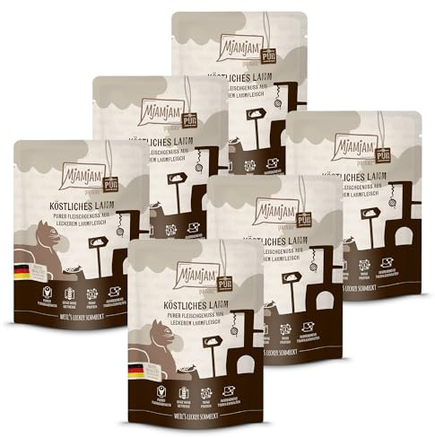 MjAMjAM - Premium våtfoder för katter - Quetschie - rent kött - läckert lammgodis, 6-pack (6 x 300g), spannmålsfritt med extra kött