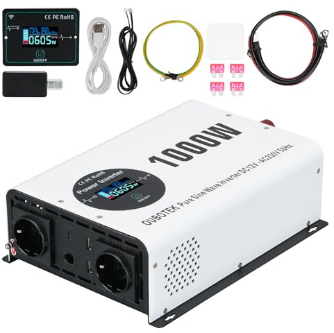 OUBOTEK Wechselrichter 1000W / 2000W Reiner Sinus DC 12V auf AC 230V mit Drahtloser Fernbedienung LCD-Anzeige 2 AC-Steckdosen 2 USB A und 1 Type C, spannungswandler für Wohnmobil Zuhause Off Grid