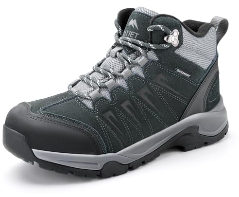 OUTJET Men's Waterproof Walking Boots Lightweight Comfortable Leather Mid Ankle Hiking Boots
