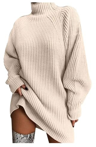 riou Jersey Mujer Invierno Largo Elegante Vestido de Suéter de Cuello Alto Jersey de Manga Larga Punto Túnica Cómodo Elástico Rayas Jersey Cable Knitted Lana Casual Suéter Pullover Original