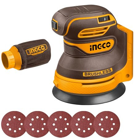 INGCO 20V Cordless Random Orbit Sander 125mm (Body Only), Brushless Motor, 6 Variable Speeds, 5Pcs Sand Paper, Electric Sander Ideal for Sanding, Polishing Wood, Home Improvements CROSLI2002