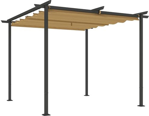 Outsunny Gazebo Pergola 3x3 m con Tetto Scorrevole, Fori di Drenaggio, Picchetti e Viti, Pergolato da Giardino in Poliestere 180g/㎡ e Metallo, UV30+, per Patio, Balcone, Terrazzo e Esterno, Beige