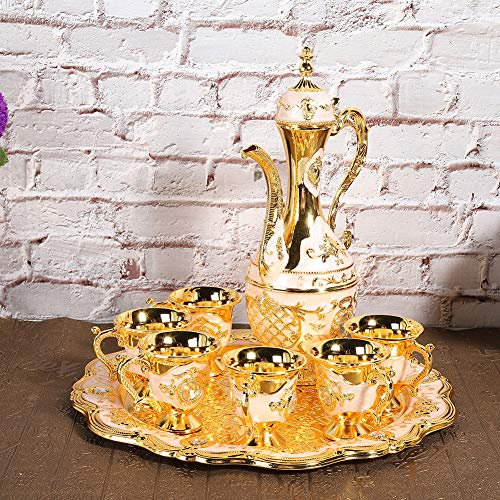 BAOFUYA Ensemble de Vin Européen Royal Household Calice en Alliage de Zinc Flagon avec 6 Tasses et Un Plateau en Métal Artisanat Décoration de la Maison Ornements élégants (Blanc Rose)