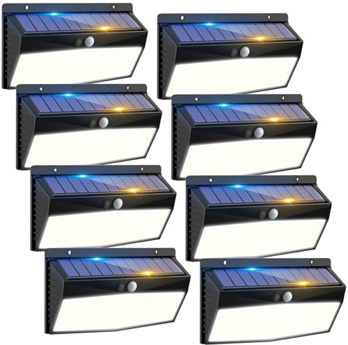 Peasur Luce Solare LED Esterno, 368LED Faretti Solari a Led da Esterno, 3 Modalità Faretto LED con Sensore di Movimento, Super Luminoso Luci Solari Esterno IP65 Impermeabile-8 Pezzi