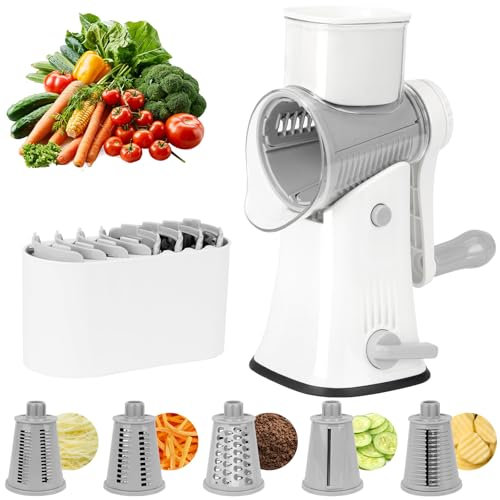 Grattugia per Formaggio Rotante Manuale, Mandolina per verdure con 5 Lame Intercambiabili, Affettatrice per Verdure Grattugia per Verdure per Tagliare Formaggio Verdure Frutta