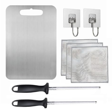 Tabla de Cortar de Acero Inoxidable TitanioX Titanium, Tabla de Cocina Profesional Antibacteriana y sin Tóxicos para Cortar y Picar, Kit con 2 Afiladores, 2 Soportes y 3 Paños – 25x15 cm