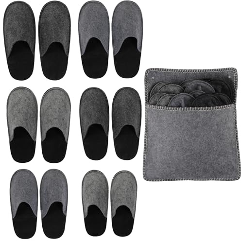 Clevich Juego de 6 pares de zapatos de casa para invitados con bolsa de almacenamiento, pantuflas de fieltro para invitados, suela antideslizante, zapatillas de viaje, zapatillas para niños, para