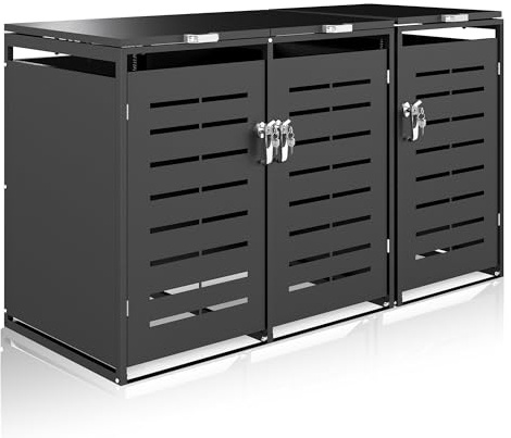 Mülltonnenbox 3er für 240L, Verzinkter Stahl Mülltonnenverkleidung, Witterungsbeständige Müllbox mit Gasdruckfedern & Mülltrennungs-Aufkleber, Anthrazit (Lieferung in 3 Paketen)