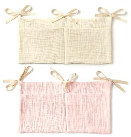 HAPZUR Organizer Lettino Neonato 2 Pezzi Beige Rosa da Appendere | Porta Pannolini Salviette e Tasca Portaoggetti per Culla, Soluzione Salvaspazio