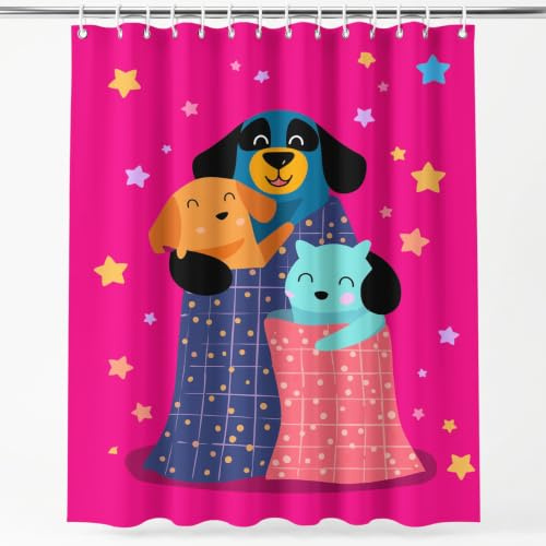 Tecknad mysig duschdraperi 180 H x 180 B cm hund rosa stjärnor blå djur familj duschdraperier med krokar, badrum gardin polyester vattentät antimögel badrum gardiner