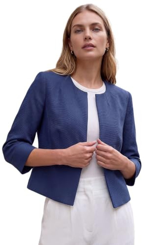 Roman Originals Cropped Bolero Jacket for Women UK Ladies Wedding Guests Shrug Jacquard Tailored Fitted Blazer Smart Work Formal Evening Short Round Collar 2 Pockets - Size 18 - Plain Navy