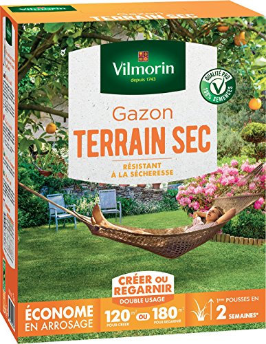 VILMORIN - Gazon Terrain Sec - Résistant à la sécheresse - Économe en arrosage - Premières pousses visibles dès 2 semaines - Pour créer un nouveau gazon/regarnir un gazon ancien - 3 Kg