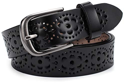 McFanBe Ceinture en Cuir pour femmes Pantalons de Jeans Habillés pour Femmes avec Boucle de Ceinture en Alliage pour Filles (M:105cm(Taille ajustée 85-94cm/34-37), C(largeur 2,8cm):noir)
