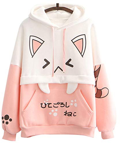 FANCYKIDS Dinosaurie kanin björn kattöron huvtröja för flickor tonåringar tonåringar överdimensionerad topp sweatshirt jumper skjorta, Rosa katt vit, One Size