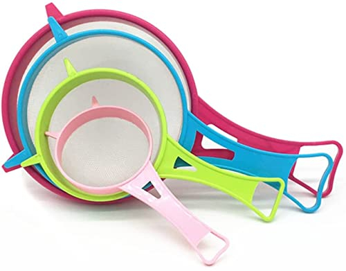 LATRAT Lot de 4 tamis à farine en plastique et passoire alimentaire fine, poignée en plastique, passoire en maille fine pour thé, riz, fruits, légumes, outils de cuisine