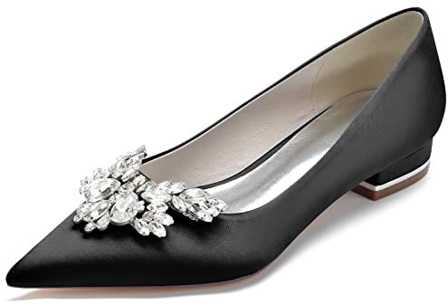 Women's Low-heeled Flats Shoes satin Pointed Slip On Ballet Dress Flats Shoes Rhinestone Bridal Wedding Court Shoes Evening Prom Party Dress Shoes Pumps,Black,3 UK