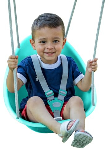 Swurfer Coconut Toddler Swing – Comfy Baby Swing Outdoor, 3- Point Adjustable Safety Harness, Secure, Safe Quick Click Locking System, Blister-Free Rope, Easy Installation, Teal
