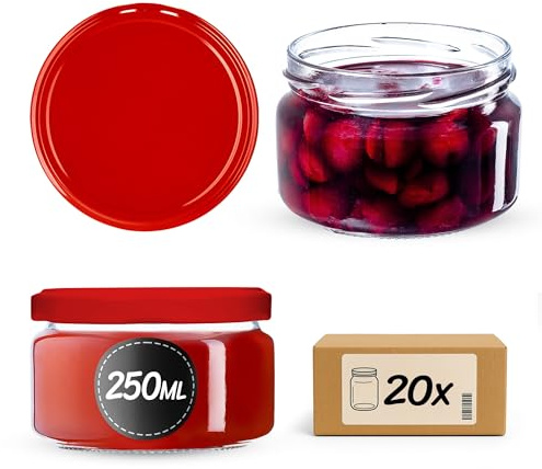 KADAX Små glasburkar på 250 ml, syltburkar med lock, lufttäta burkar att ge bort, miniglas för honung och kryddor (20 st., röda)