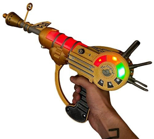 Pistola de rayos dorada con luces LED, hecha a mano, luz de plástico y duradera. Seguro, no dispara, disfraz de cosplay y artículo de coleccionista