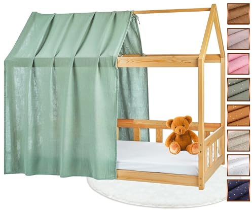 Lovely Hippo - Dosel para cama de casa con dosel, 100% algodón, muselina, cortina para cama infantil, 90 x 200 cm (eucalipto/dorado, 120 x 370 cm, juego de 1)