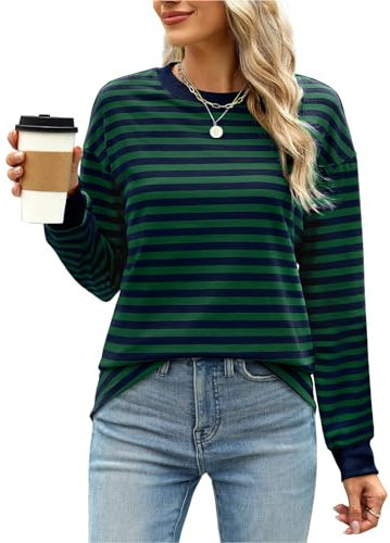Gemulate t Shirts for Women UK Plus Size Womens Loose Long Sleeve Striped Tshirts Ladies Fall Fashion Blouse Tees Tunic Autumn Winter Clothes Dark Green XXL