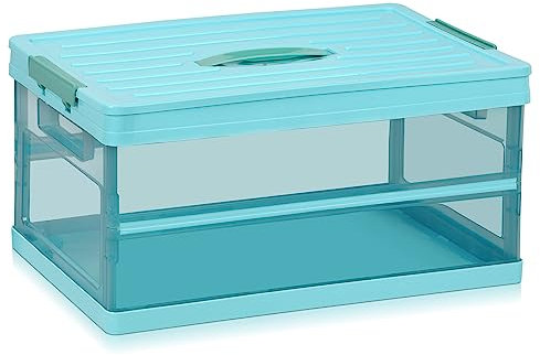 Tuevob Clear Storage Box Collapsible Transparent Storage Container w/Lid Plastic Storage Bin Shelf Basket Snack Book Organizer Stackable Folding Utility Crate Closet Food Fruit Holder Container Blue