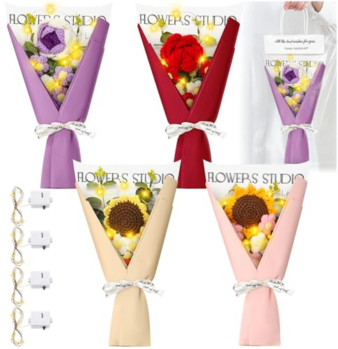 Hotop 4 Set Mother's Day Crochet Flower Bouquet with String Lights Knitted Artificial Cotton Crochet Sunflower Roses for Graduation Wedding Birthday Women Gift(Pink Yellow Red Purple,Red Rose)