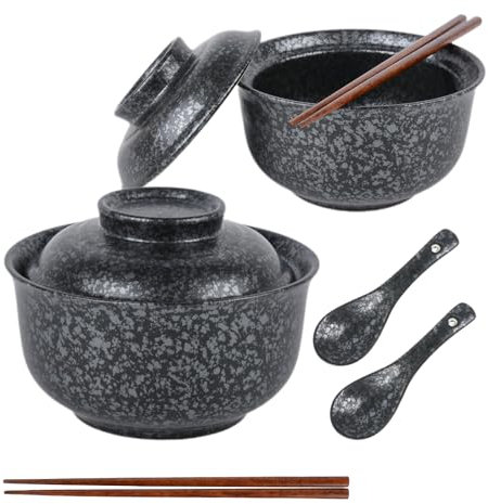 Lot de 2 bols à ramen en céramique avec couvercle, 750 ml, bols à soupe Pho, bols à ramen japonais vintage pour céréales, vaisselle asiatique, passent au micro-ondes et au lave-vaisselle (noir)