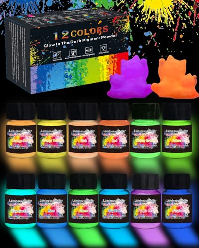 Luckymica Glow in the Dark Pigment Powder 12 Colours, Luminous Epoxy Resin Dye, 20g / 0.71oz per Bottle for DIY Crafts, Nail Art, Acrylic Paint, Halloween & Christmas Decorations