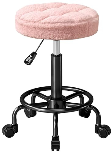HOMCOM Taburete Giratorio Redondo Taburete con Ruedas Altura Regulable 50-66 cm Asiento Tapizado en Tejido de Borreguito para Salones Talleres SPA Masaje Rosa