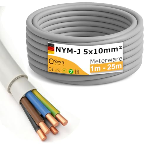 NYM-J 5x10mm² Mantelleitung | 1–25m Meterware | 5-adriges Starkstromkabel aus Kupfer | Feuchtraumkabel für Drehstrom, Wallbox & Elektroinstallation | Made in Germany (6m)
