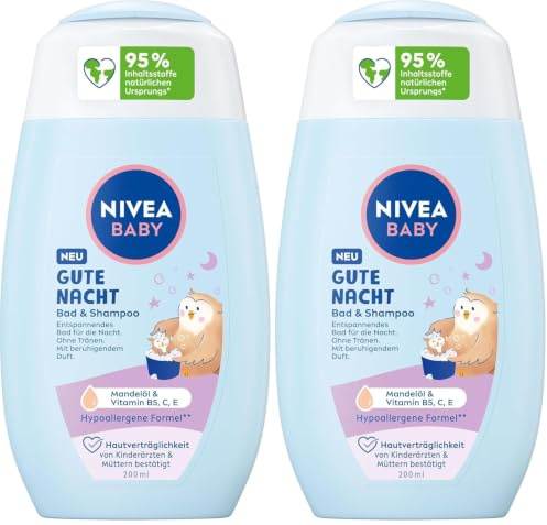 NIVEA Baby Good Night Bad & Champú, champú suave para bebés y gel de ducha con aceite de almendras, vitamina E, B5 y C, champú calmante para bebés con fórmula hipoalergénica y pH agradable para la