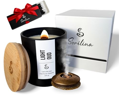 SORILINA Vela de Oud - Vela Aromática Grande con Caja Regalo y Mecha de Madera Cera de Soja Aroma Intenso Hecho a Mano en España 220gr hasta 55h Larga duración (Oud)