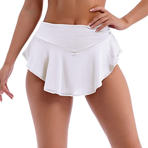 IBAKOM Women High Waist Ruffle Skorts Yoga Jogging Gym Workout Hipster Rave Bottoms Stage Pole Dance Mini Hot Pants Activewear Lingerie Skirts White S